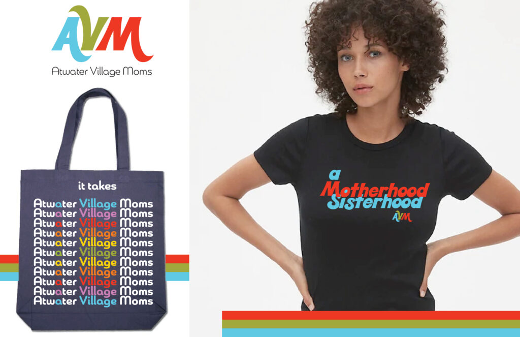 It takes a(twater) village (moms) tote design by diana kohne and a Motherhood Sisterhood (TM) t shirt design brand board brand plan