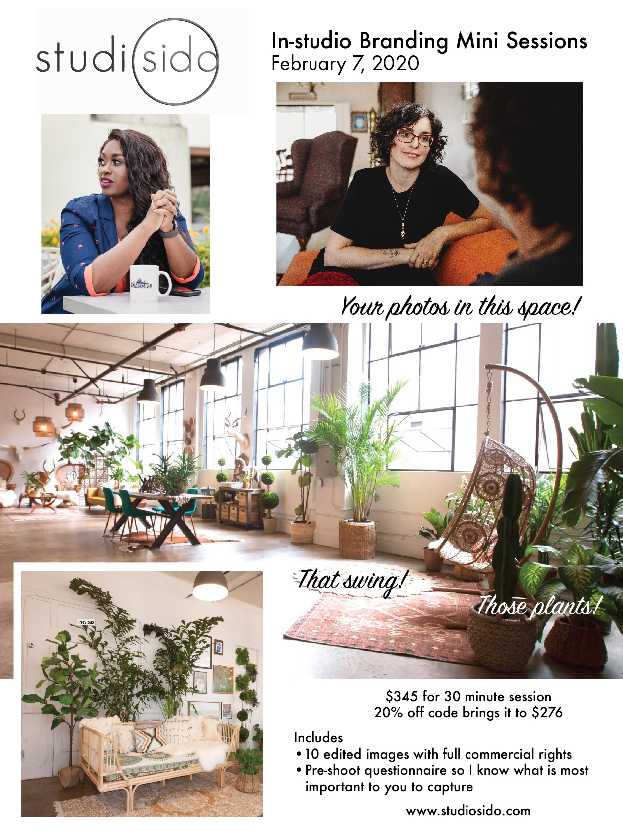 flyer design for photographer studiosido.com by diana kohne session in her beautiful warehouse space with plants and boho decor