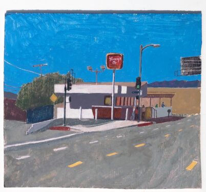 painterly painting depicts Tommy's Tujunga from the street. Blue sky, white Tommy's and a large view of the road with its yellow and white traffic markings.