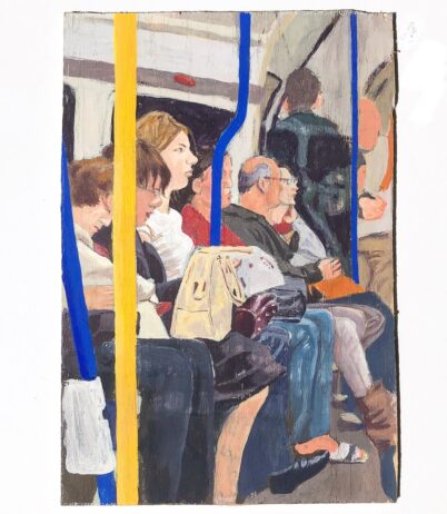 painting on wood depicting people on the London Underground metro