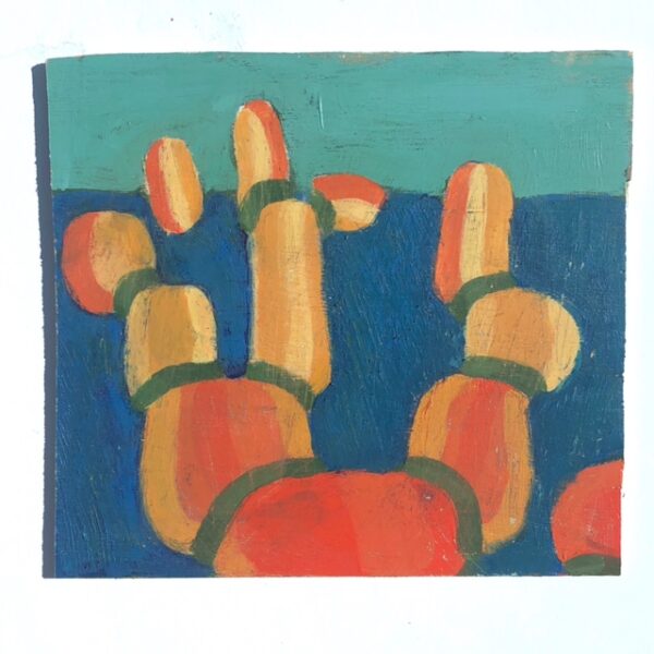 painting on wood. Yellow and orange plantlike fingerlike extensions reach above a dark blue and turquoise background.