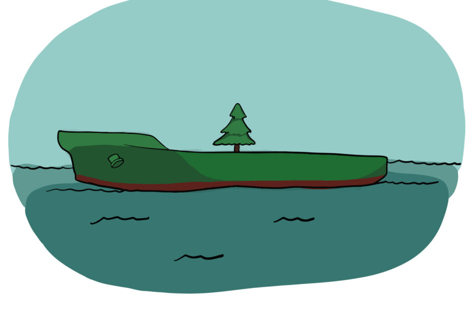 Drawing of a lone Christmas Tree on a barge