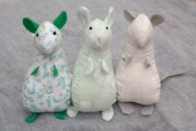 3 rats dolls showing what the instant download pattern can create. These rat stuffed animals are sewn sewn from soft cotton.