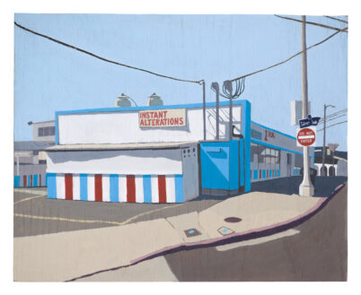 Diana Kohne painting shows white and blue building surrounded by driveway, parking lot, sidewalk and asphalt road.