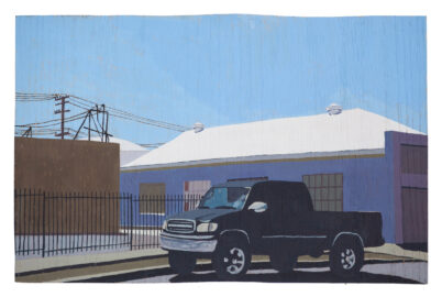 Painting Western by Diana Kohne shows a black pick up truck in front of a black metal fence, surrounded by the asphalt road, the sidewalk, the parking lot behind it. In the background to the left is a brown building facade, with a powerline pole and power linds and building connections on the roof. To the right, a purple building with grid like windows and a white roof, with 2 small vents.