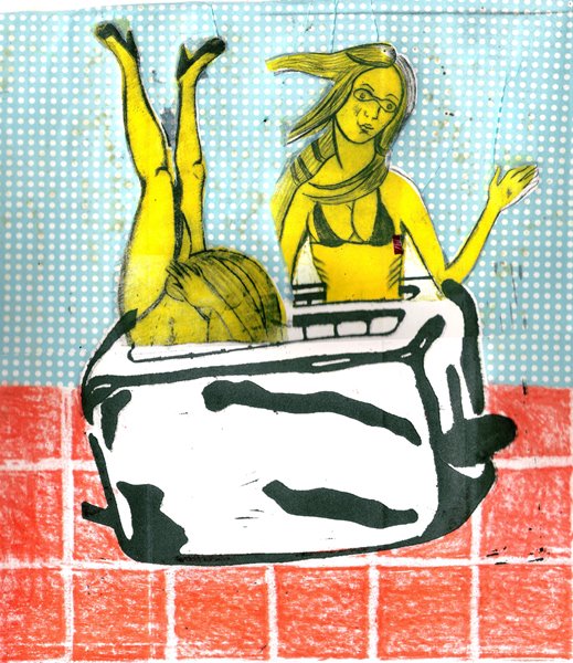 printmaking collage with etching, linocut, rubbing and paper shows Venus popping out of a toaster