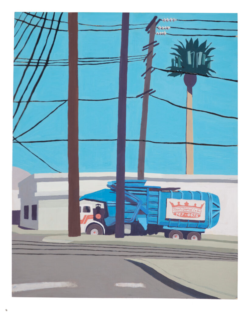 San Fernando Sun Valley Los Angeles painting shows blue garbage truck on the other side of an intersection, behind two telephone poles with 1 story white building, power lines and cel phone tower palm tree in the background.