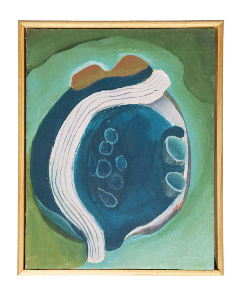Large blue shape reminiscent of undersea life with an eel like pink swash from top to bottom and hard coral like cups protruding on right and middle.