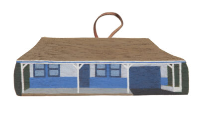 house portrait ornament on wood shows custom hand painted little blue home
