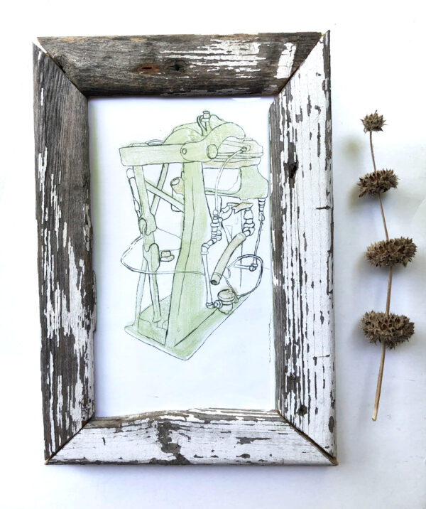 monotype etching shows old fashioned dry cleaner machine in lines with light green tint. Framed with rustic wood.