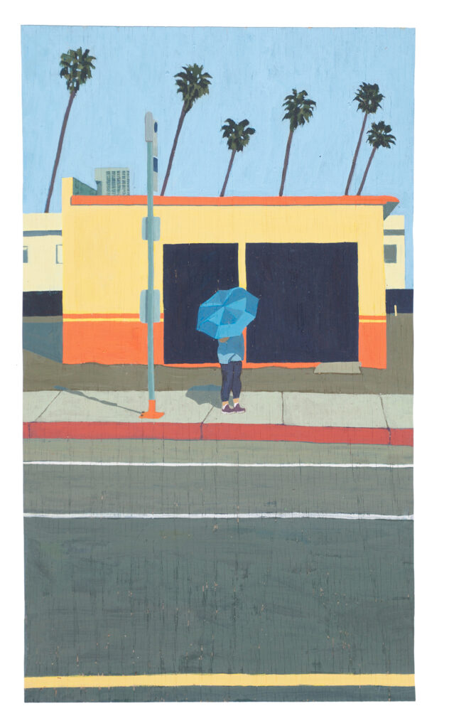 Lake is a painting by Diana Kohne. More than half the painting (the lower half) is concrete. From the bottom up we see the yellow traffic division line on the asphalt, the white lane lines, the red do not park curb, the sidewalk where a  woman in a blue shirt and black pants and sneakers holds a blue umbrella to shield herself from the sun. She stands next to the bus stop pole. Beyond the sidewalk is the parking lot and then the bright yellow and orange building with the black windows. The parking lot extends along the sides of the building and in te background we see a long light yellow building, the blue sky, with 6 palm trees, all left leaning and different heights.