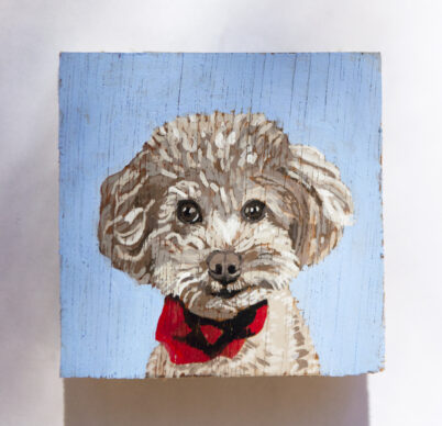 miniature pet portrait affordable 3 inch by 3 inch art on panel shows a curly haired dog, perhaps a small poodle wearing a red and black bandana