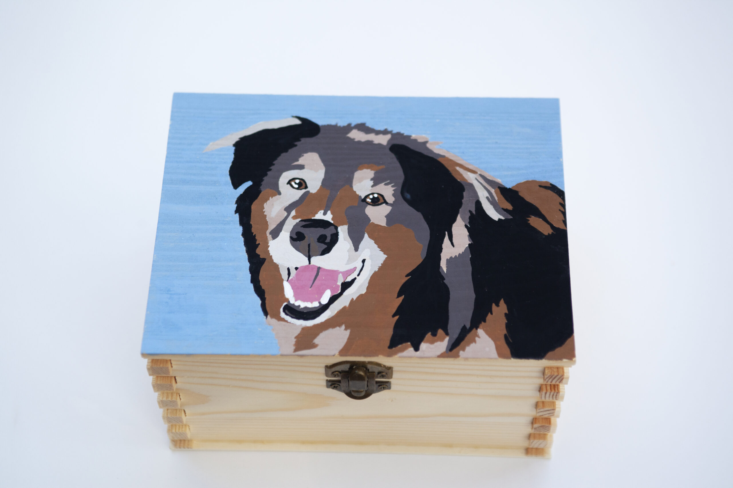 Pet portrait urn on wooden box with brass buckle latch with hand painted painting of happy dog on the cover.