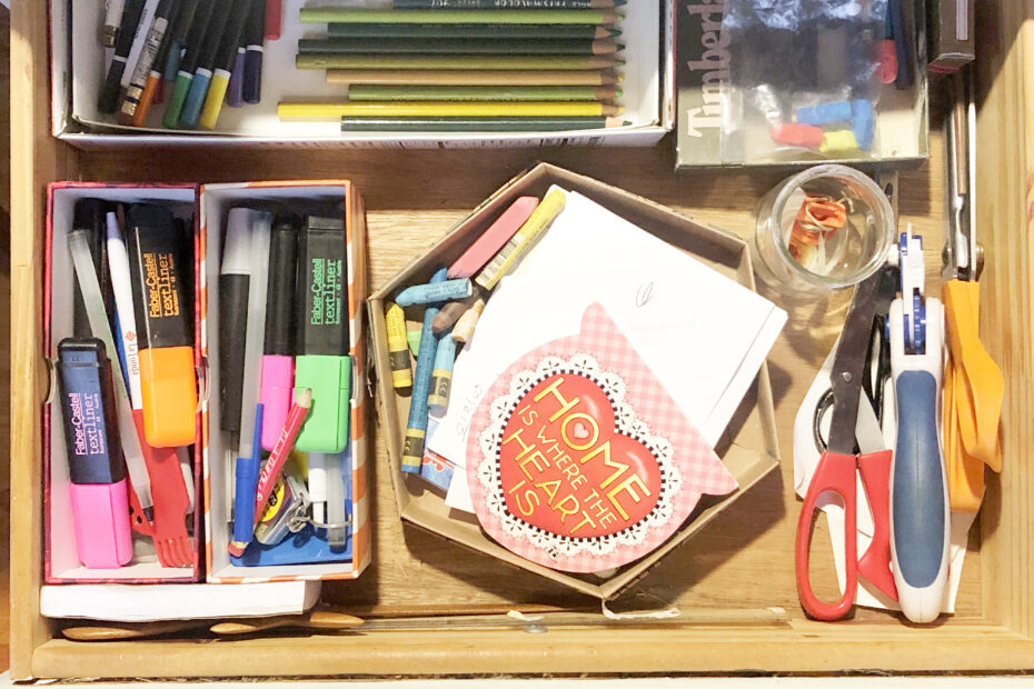 notepad in a draw with colored pencils, highlighters and more to illustrate this article on how to get men to help around the house