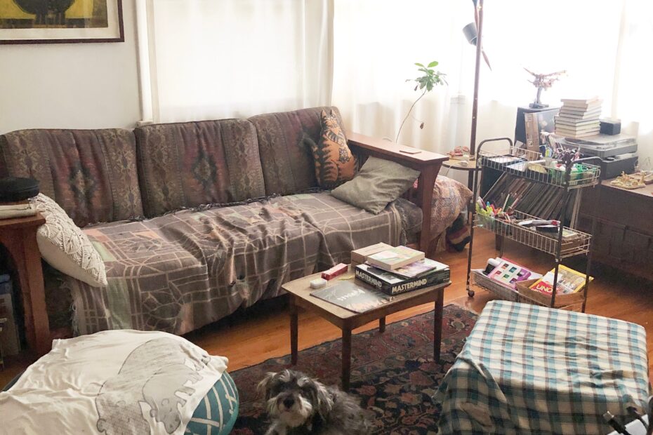 shows an eclectic living room with comfy craftsman style couch with throw, vintage lamp, pouf, floor futon, small end table and curious dog.