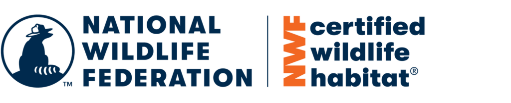 National Wildlife Federation certified wildlife habitat logo represents the badge and certificate Diana's yard received. Logo is all text with a raccoon icon on the left. Raccoon wears an outdoorsy hat.