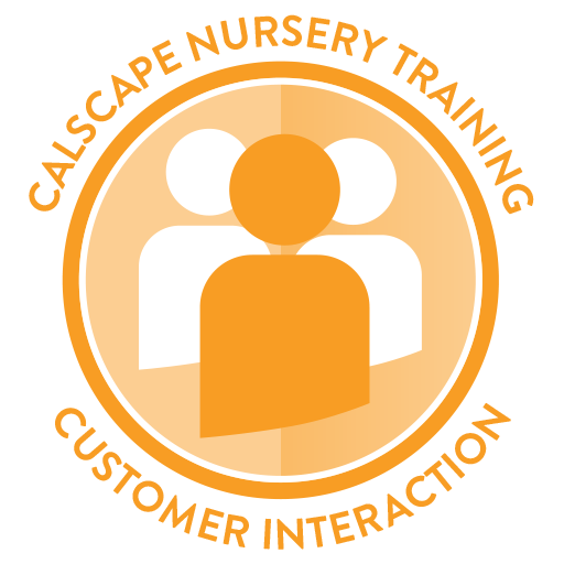 Calscape Nursery Training Customer Interaction Badge. It is an orange seal with simple icons representing 3 people.