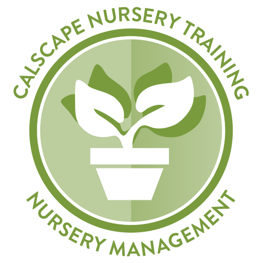 Calscape Nursery Training Nursery Management Badge shows Diana knows what is needed to manage a plant nursery. It is a green seal with a potted plant in the middle 