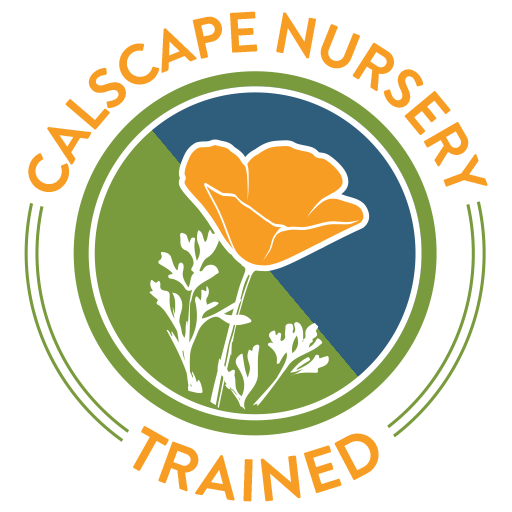 This Calscape Nursery Trained badge shows that Diana completed the Calscape Nursery Training course. This seal has a poppy flower in the forefround, and green and deep blue background with CALSCAPE NURSERY TRAINED around it.